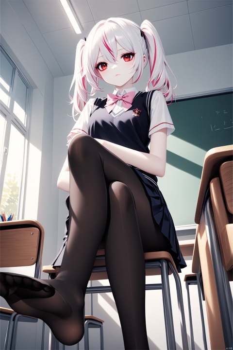[iumu],[Sheya],[Artist chen bin],1girl, solo, blush, bangs, skirt, shirt, red eyes, bow, hair between eyes, twintails, sitting, closed mouth, school uniform, white shirt, pink hair, white hair, short sleeves, pantyhose, multicolored hair, pleated skirt,no shoes, solo focus, indoors, bowtie, black skirt, vest, plaid, black pantyhose, chair, looking away, from below, crossed legs, pink bow, loafers, desk, sweater vest, classroom, school desk, pink bowtie, school chair