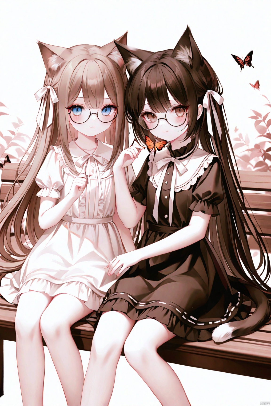 [iumu],[Sheya],[Artist chen bin],long hair, looking at viewer, blush, smile, bangs, blue eyes, multiple girls, brown hair, black hair, white background, dress, ribbon, 2girls, animal ears, hair between eyes, brown eyes, sitting, very long hair, closed mouth, tail, hair ribbon, short sleeves, glasses, cat ears, hand up, white dress, black dress, cat tail, feet out of frame, animal, bug, cat girl, butterfly, white ribbon, black-framed eyewear, round eyewear, covered mouth, bench, on bench, butterfly on hand,loli