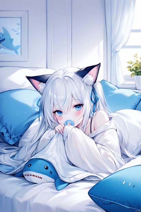 [iumu],[Sheya],[Artist chen bin], masterpiece, bestquality,1girl, solo, long hair, looking at viewer, blush, bangs, blue eyes, long sleeves, animal ears, hair between eyes, indoors, cat ears, sleeves past wrists, pillow, bed sheet, stuffed toy, stuffed animal, on stomach,under covers, stuffed cat, stuffed shark,Covering the quilt,Soothing pacifier,white hair, ribbon, bare shoulders, white shirt, oversized clothes,