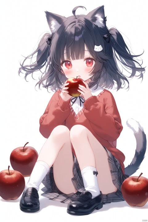 1girl, solo, looking at viewer, blush, short hair, open mouth, bangs, skirt, shirt, black hair, hair ornament, red eyes, long sleeves, white background, bow, holding, animal ears, sitting, tail, full body, ahoge, hair bow, pleated skirt, food, shoes, socks, puffy sleeves, cat ears, black skirt, black footwear, sweater, two side up, cat tail, animal ear fluff, plaid, bell, black bow, fruit, plaid skirt, holding food, cat girl, white socks, loafers, red shirt, jingle bell, puffy long sleeves, apple, holding fruit, red sweater,loli