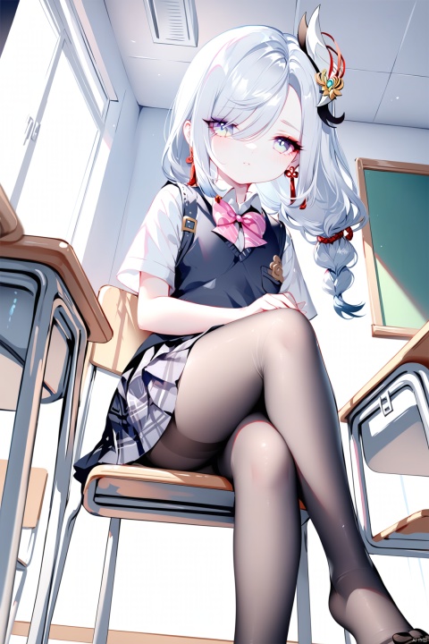[iumu],[Sheya],[Artist chen bin], masterpiece,best quality,high quality,loli,shenhe , 1girl, solo, blush, bangs, skirt, shirt,bow, hair between eyes, twintails, sitting, closed mouth, school uniform, white shirt, white hair, short sleeves, pantyhose, multicolored hair, pleated skirt,no shoes, solo focus, indoors, bowtie, black skirt, vest, plaid, black pantyhose, chair, looking away, from below, crossed legs, pink bow, desk, sweater vest, classroom, school desk, pink bowtie, school chair,shenhe \(genshin impact\),