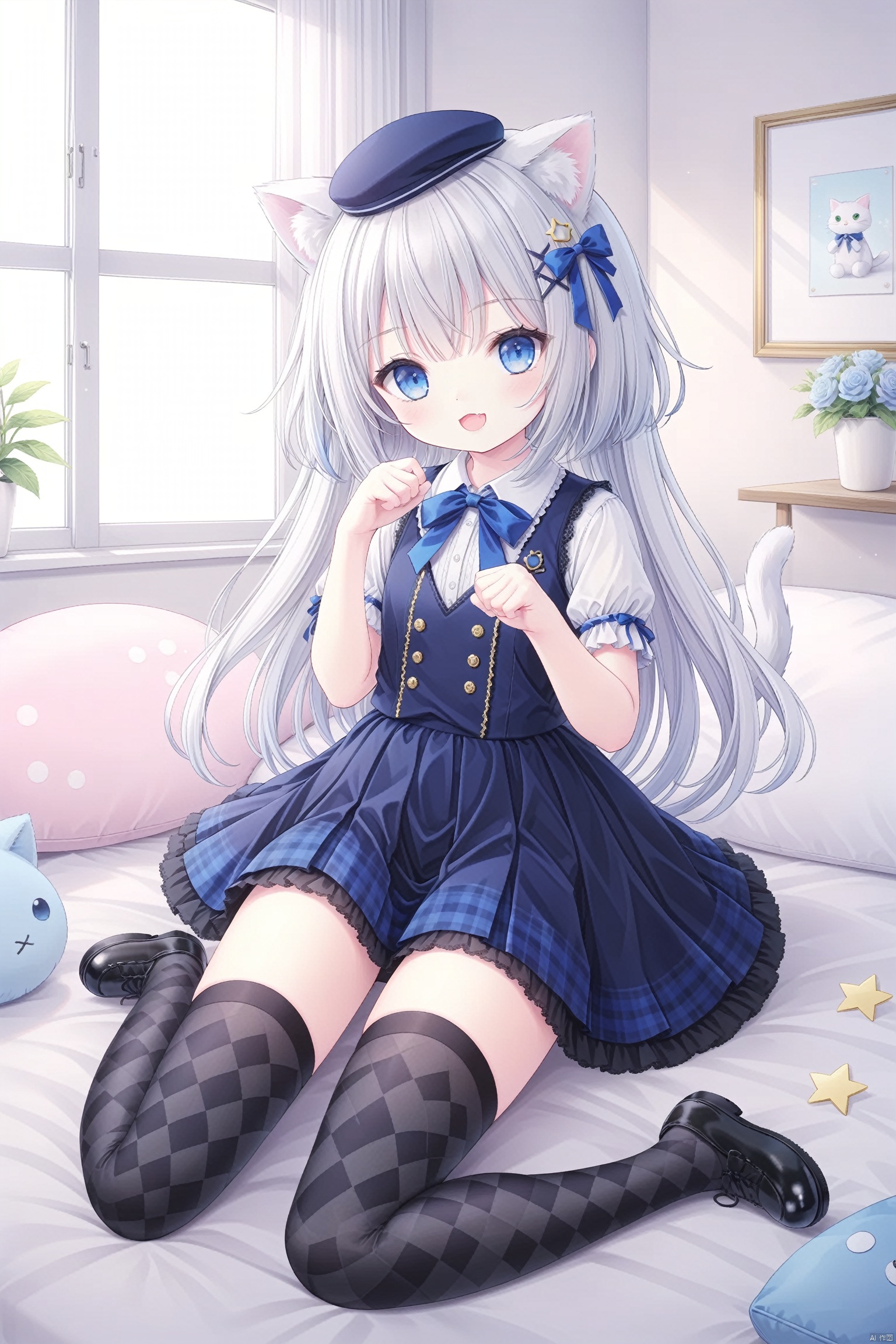 1girl, blue eyes, wariza, sitting, tail, hair ornament, socks, solo, looking at viewer, white hair, cat tail, open mouth, skirt, hat, shirt, plaid, tail ornament, animal ears, window, indoors, white shirt, cat ears, paw pose, shoes, bangs, black footwear, short sleeves, fang, vest, bow, between legs, stuffed toy, grey socks, string of flags, blue bow, blue headwear, hairclip, stuffed cat, x hair ornament, black socks, smile, hand between legs, stuffed animal, jewelry, kneehighs, hand up, star \(symbol\), blue skirt, cat, plaid, argyle legwear, argyle, loli