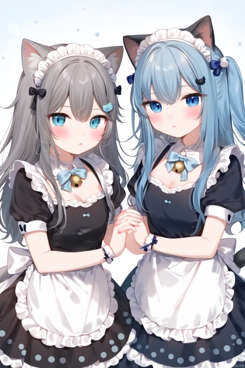 Best-A, amashiro_natsuki, NekohaShizuku_\(amashiro_natsuki\),long hair, looking at viewer, blush, bangs, blue eyes, multiple girls, hair ornament, long sleeves, dress, bow, 2girls, animal ears, hair between eyes, very long hair, closed mouth, blue hair, tail, short sleeves, grey hair, frills, parted lips, hairclip, puffy sleeves, cat ears, apron, black dress, collar, puffy short sleeves, cat tail, maid, maid headdress, bell, detached collar, holding hands, one side up, blue bow, frilled dress,blue polka dot, cat girl, waist apron, white apron, interlocked fingers, frilled apron, white collar, fish hair ornament