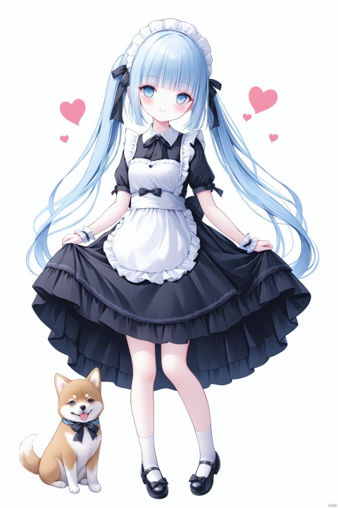  [iumu],[Sheya],[Artist chen bin], masterpiece,best quality,high quality, 1girl, loli,solo, long hair, breasts, looking at viewer, blush, smile, bangs, blue eyes, simple background, white background, dress, bow, ribbon, bare shoulders, very long hair, blue hair, standing, full body, hair ribbon, ponytail, short sleeves, heart, sidelocks, frills, shoes, alternate costume, socks, blunt bangs, black footwear, apron, black dress, wrist cuffs, maid, maid headdress, mole under eye, black bow, frilled dress, white socks, waist apron, white apron, mary janes, maid apron, dog, tress ribbon, enmaided, skirt hold, shiba inu, kamisato ayaka