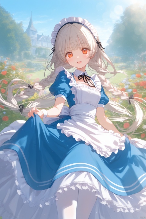  1girl,long_hair,braid,dress,frills,twin_braids,thighhighs,blue_dress,very_long_hair,apron,frilled_dress,looking_at_viewer,long_sleeves,lolita_fashion,hairband,orange_eyes,maid,ribbon,white_hair,flat_color,no_shoes,bangs,puffy_sleeves,breasts,juliet_sleeves,petticoat,chobits chi,chobits eyes,chobits hair tubes,flowers,garden,masterpiece,best quality, ray tracing,