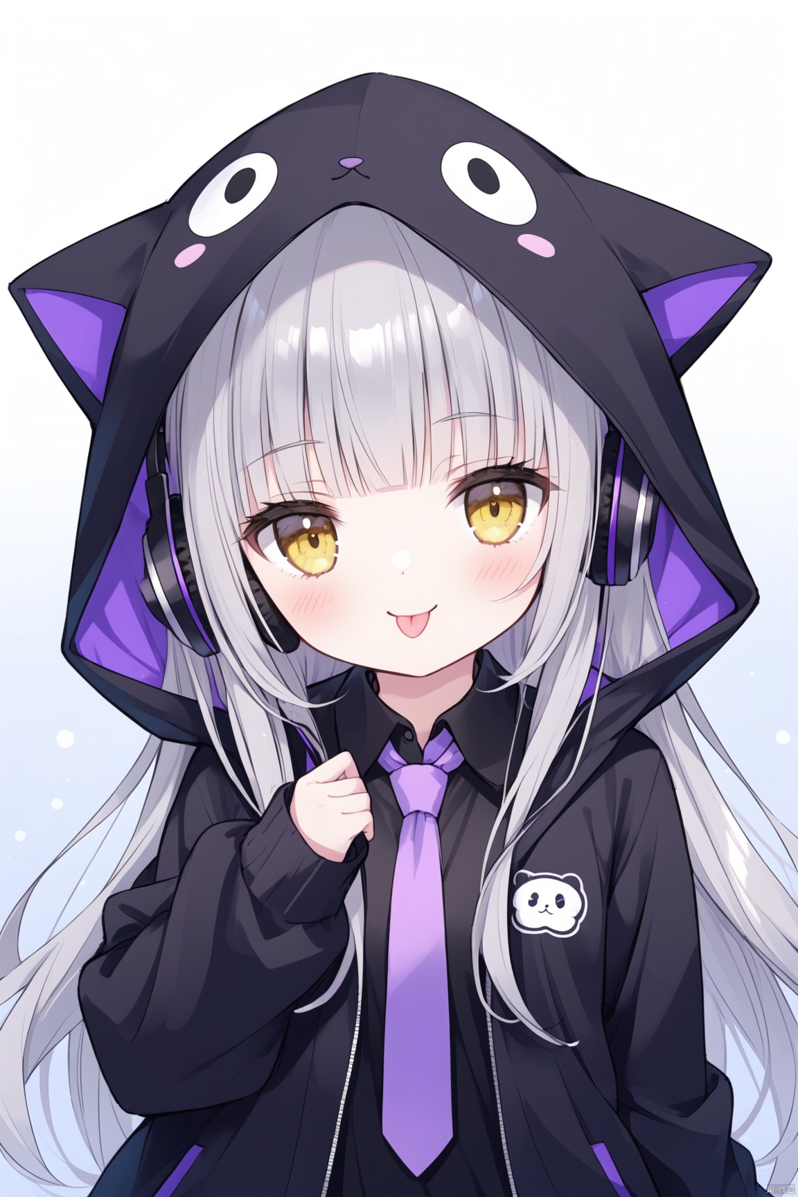 1girl, solo, long hair, looking at viewer, blush, smile, bangs, shirt, long sleeves, jacket, yellow eyes, upper body, grey hair, open clothes, necktie, tongue, collared shirt, hood, tongue out, blunt bangs, sleeves past wrists, black shirt, headphones, :p, hood up, animal hood, purple necktie, murasaki shion,loli, tinkle,dynamic pose,dynamic angle ,