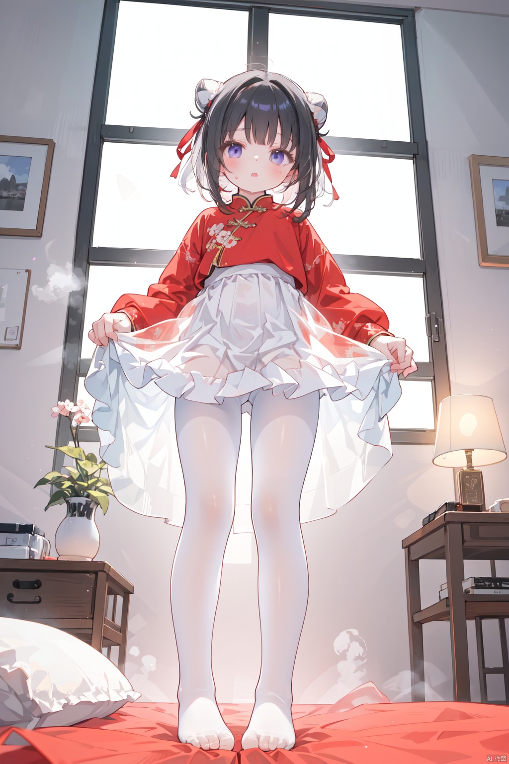  1girl, solo,loli,long hair,dress, pantyhose, sweat, frills, feet, legs, toes, bed sheet, no shoes, soles, white pantyhose, foot focus, full body,see-through pantyhose, shiny skin, shiny clothes, sweat, steam, toes, Standing, short hair, bangs, black hair, long sleeves, ribbon, standing, purple eyes, full body, red hair, multicolored hair, blunt bangs, streaked hair, gradient, red shirt, pelvic curtain,lowangle,((best quality)),((masterpiece)),((ultra-detailed)),(illustration),(detailed light),(an extremely delicate and beautiful), hair bun, double bun, chinese clothes,from below