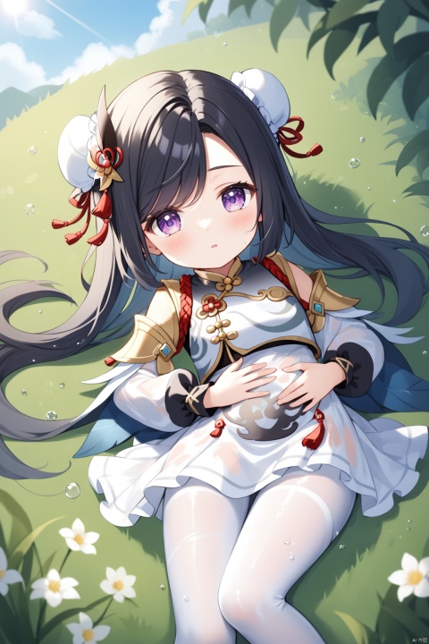  1girl, loli,chibi,solo, long hair, black hair,looking at viewer, bangs, hair ornament, long sleeves, dress, very long hair, purple eyes, flower, outdoors, lying, day, on back, hair bun, blurry, bell, double bun, depth of field, sunlight, grass, tassel, jingle bell, blurry foreground, bun cover, hand on own stomach,white pantyhose,wet dress,wet clothes,wet, see-through,shenhe \(genshin impact\),