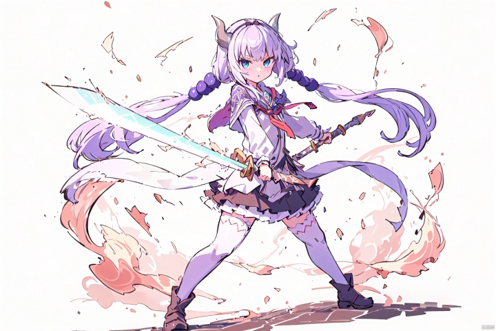  sword,sunrise stance,masterpiece, bestquality, KannaKamui, 1girl, solo, long hair,（Two handed sword,holding,weapon, sword,holding sword,A huge double-edged sword）, looking at viewer, blush, bangs, blue eyes, simple background, hair ornament, thighhighs, long sleeves, white background, dress, bow, twintails, standing, tail, full body, purple hair, hair bow, hairband, frills, horns, blunt bangs, white thighhighs, zettai ryouiki, black bow, capelet, low twintails, shoes, black hairband, light purple hair, dragon horns, legs apart, beads, lolita fashion, dragon girl, hair beads, frilled capelet,fighting_stance,dynamic pose, ray tracing