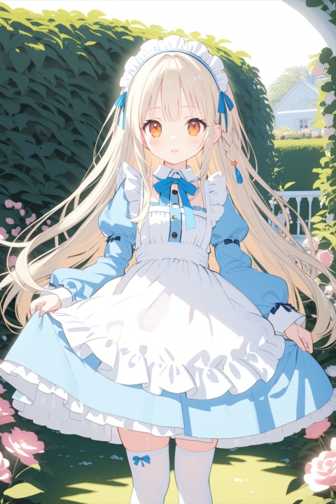  1girl,long_hair,braid,dress,frills,twin_braids,thighhighs,blue_dress,very_long_hair,apron,frilled_dress,looking_at_viewer,long_sleeves,lolita_fashion,hairband,orange_eyes,maid,ribbon,white_hair,flat_color,no_shoes,bangs,puffy_sleeves,breasts,juliet_sleeves,petticoat,chobits chi,chobits eyes,chobits hair tubes,flowers,garden,masterpiece,best quality, ray tracing,loli