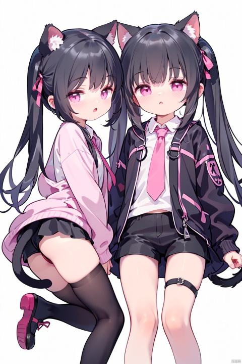  multiple_girls,animal_ears,2girls,cat_ears,black_hair,tail,cat_tail,twintails,cat_girl,skirt,thighhighs,pink_eyes,necktie,platform_footwear,jacket,white_background,shirt,long_hair,simple_background,white_shirt,black_footwear,purple_eyes,bangs,shorts,ribbon,fishnets,white_hair,boots,animal_ear_fluff,short_hair,black_shorts,pink_skirt,blunt_bangs,long_sleeves,bow,looking_at_viewer,pink_jacket,hair_ribbon,thigh_strap,frills, loli