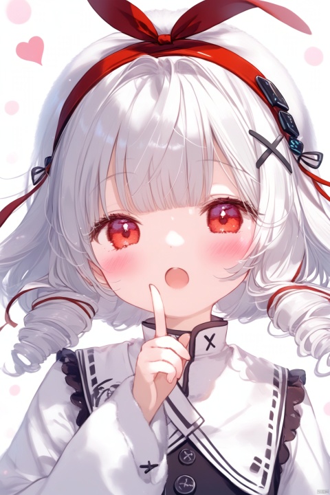 1girl, solo, looking at viewer, blush, short hair, open mouth, bangs, hair ornament, red eyes, long sleeves, ribbon, upper body, white hair, hairband, frills, virtual youtuber, drill hair, hair intakes, x hair ornament, index finger raised,loli, 