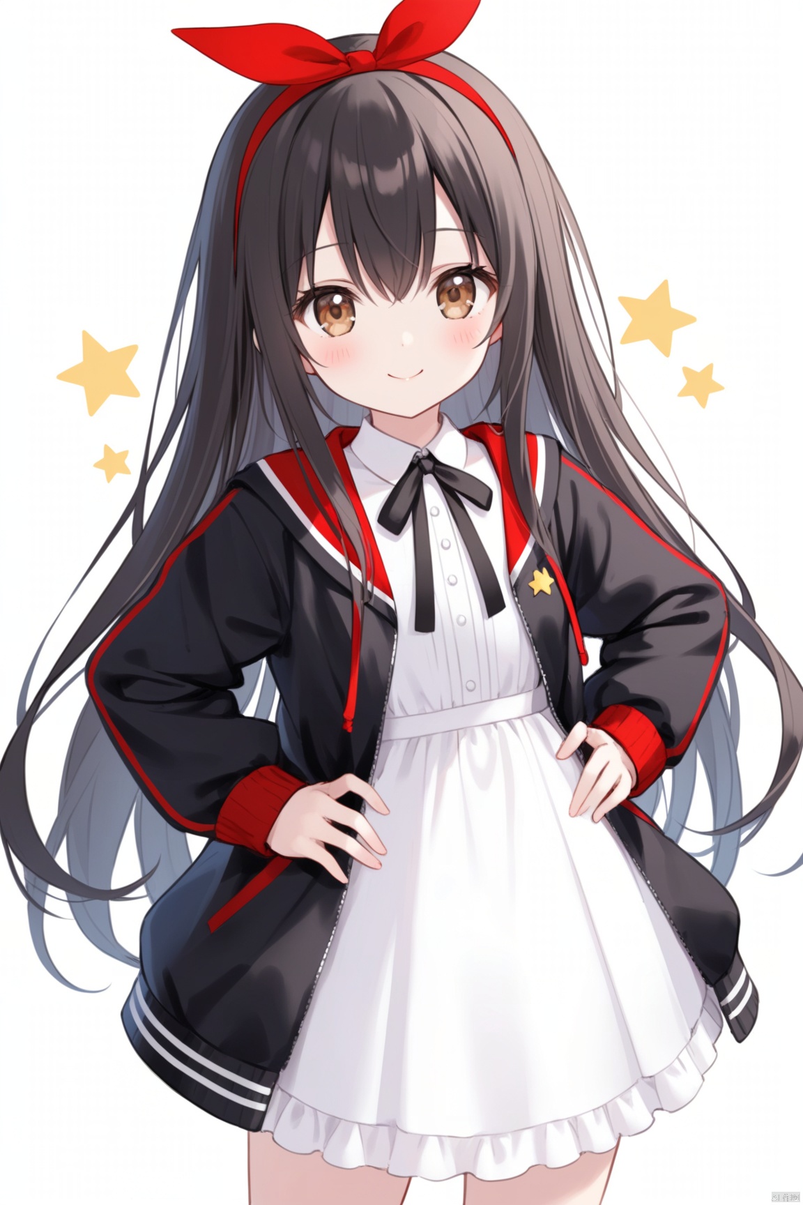 1girl, solo, long hair, looking at viewer, blush, smile, bangs, black hair, long sleeves, white background, dress, ribbon, hair between eyes, brown eyes, closed mouth, standing, jacket, hairband, open clothes, star \(symbol\), white dress, open jacket, black ribbon, neck ribbon, hands on hips, red hairband,loli