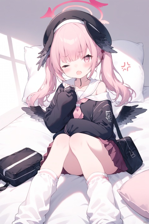 1girl, solo, long hair, looking at viewer, blush, bangs, simple background, open mouth, lying, one eye closed, feet, pillow, halo, on stomach, arms folded over the pillow,white socks,loose_socks,
long sleeves, hat, twintails, school uniform, collarbone, pink hair, wings, pink eyes, sailor collar, off shoulder, bag, neckerchief, sleeves past wrists, black headwear, beret, halo, head wings, anger vein, black wings, white sailor collar, @ @, pink neckerchief, winged hat, koharu \(bluearchive\),下江小春,