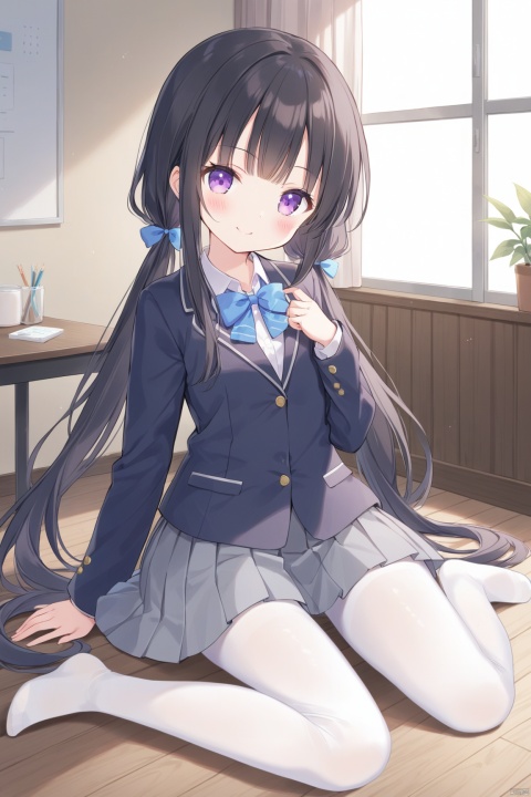 1girl, solo, long hair, looking at viewer, blush, smile, bangs, skirt, shirt, black hair, long sleeves, bow, twintails, sitting, very long hair, closed mouth, school uniform, purple eyes, jacket, full body, pantyhose, pleated skirt, indoors, bowtie, low twintails, blue bow, no shoes, table, blazer, grey skirt, white pantyhose, wooden floor, blue bowtie,shoulder,loli
