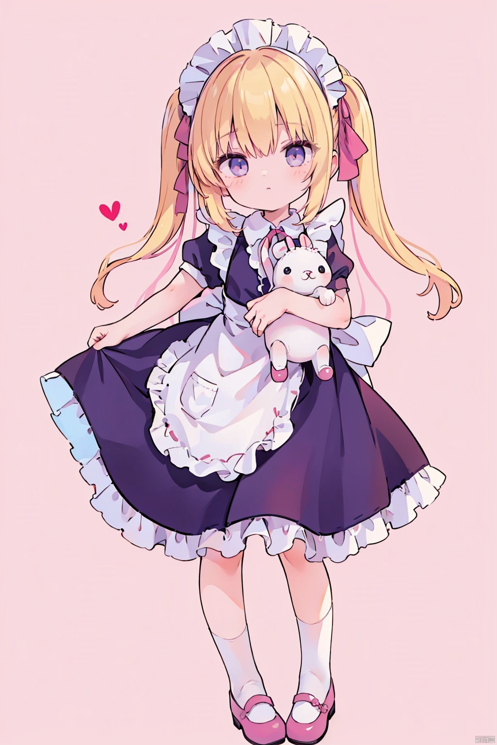  1girl, solo, long hair, looking at viewer, blush, bangs, blue eyes, blonde hair, simple background, dress, bow, holding, animal ears, twintails, closed mouth, standing, full body, short sleeves, hair bow, heart, frills, shoes, socks, puffy sleeves, rabbit ears, apron, puffy short sleeves, maid, maid headdress, low twintails, blush stickers, stuffed toy, pink background, frilled dress, stuffed animal, white socks, pink bow, pink dress, white apron, mary janes, maid apron, frilled apron, object hug, pink footwear, stuffed bunny, bobby socks, holding stuffed toy, frilled socks, 