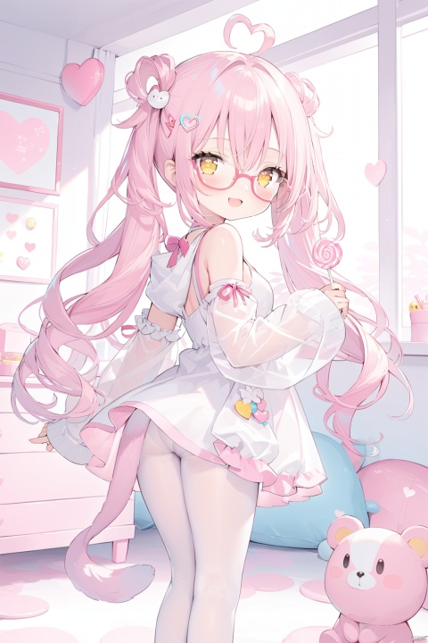  loli,see-through,long hair, breasts, looking at viewer, blush, smile, open mouth, bangs, hair ornament, long sleeves, dress, holding, 1girl, hair between eyes, bare shoulders, twintails, very long hair, jacket, yellow eyes, pink hair, ahoge, :d, heart, detached sleeves, glasses, hairclip, looking back, indoors, hood, white dress, sleeves past wrists, symbol-shaped pupils, heart-shaped pupils, candy, lollipop, heart ahoge, pink-framed eyewear,standing, tail, heart, white pantyhose, thighs, no shoes,full body,