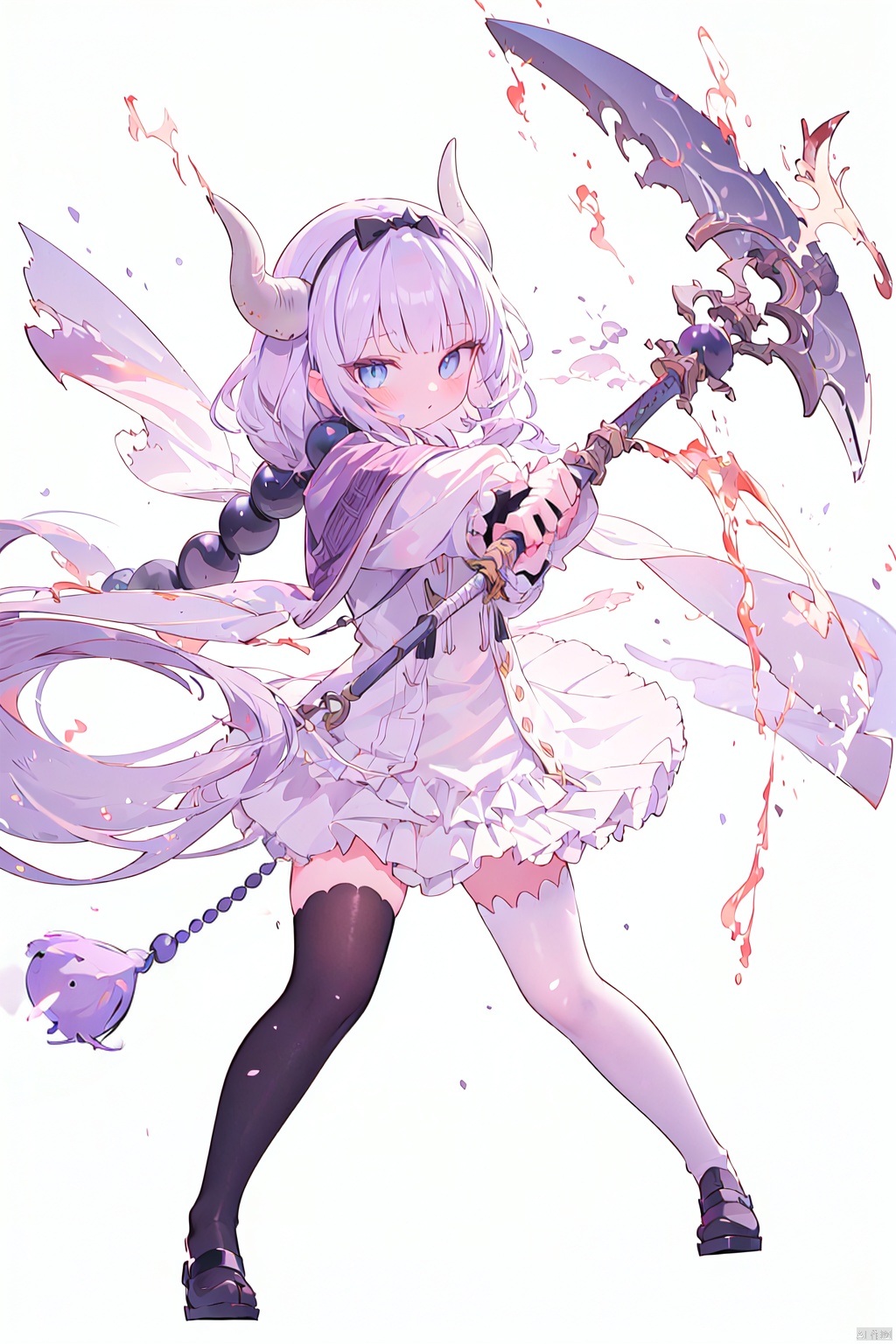  sword,sunrise stance,masterpiece, bestquality, KannaKamui, 1girl, solo, long hair,（Two handed sword,holding,weapon, sword,holding sword,A huge double-edged sword）, looking at viewer, blush, bangs, blue eyes, simple background, hair ornament, thighhighs, long sleeves, white background, dress, bow, twintails, standing, tail, full body, purple hair, hair bow, hairband, frills, horns, blunt bangs, white thighhighs, zettai ryouiki, black bow, capelet, low twintails, shoes, black hairband, light purple hair, dragon horns, legs apart, beads, lolita fashion, dragon girl, hair beads, frilled capelet,fighting_stance,dynamic pose, kanna kamui