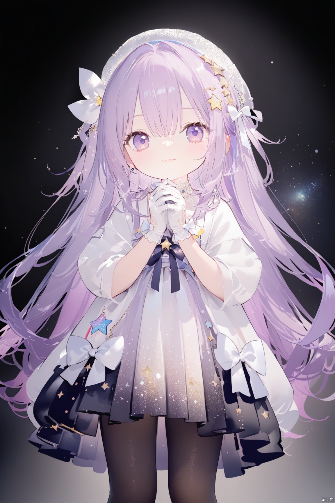 1girl, solo, long hair, looking at viewer, smile, bangs, hair ornament, gloves, long sleeves, dress, bow, ribbon, hair between eyes, jewelry, very long hair, closed mouth, blue hair, standing, purple eyes, hair ribbon, purple hair, hair bow, pantyhose, multicolored hair, puffy sleeves, virtual youtuber, white gloves, star \(symbol\), white dress, bracelet, gradient, gradient background, feet out of frame, hair intakes, white jacket, own hands together, white bow, letterboxed, star hair ornament, colored inner hair, starry sky print,loli,loli, Starry Sky Skirt