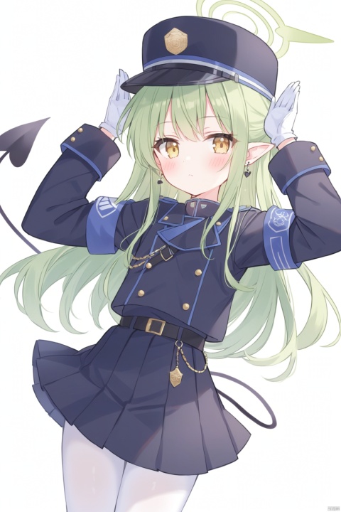 1girl, solo, long hair, looking at viewer, blush, bangs, skirt, simple background, shirt, gloves, long sleeves, hat, white background, jewelry, closed mouth, jacket, tail, yellow eyes, pantyhose, pleated skirt, earrings, green hair, pointy ears, belt, white gloves, black skirt, uniform, arms up, black headwear, halo, demon tail, armband, peaked cap, white pantyhose, highlander,loli, highlander