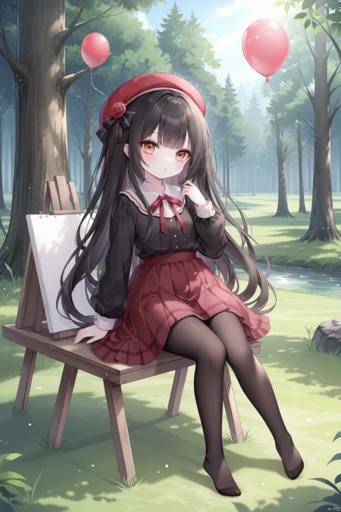 loli,1girl, solo, long hair, bangs, skirt, black hair, long sleeves, hat, dress, sitting, very long hair, pantyhose, outdoors, no shoes, day, tree, black pantyhose, beret, sunlight, grass, nature, scenery, red headwear, forest, brown skirt, balloon,easel,[iumu],[Sheya],[Artist chen bin], masterpiece,best quality,high quality, loli