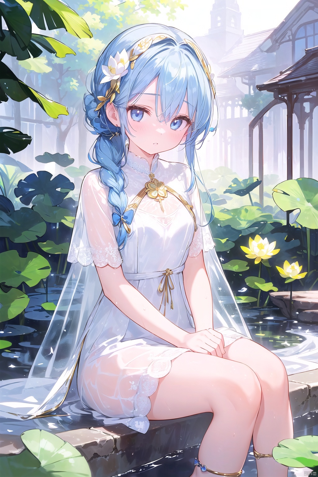 {( with blue eyes, long pale gold hair braided into a flying bun and exquisite hair accessories,long hair),

(Clear facial features, charming eyes, beautiful double eyelids, delicate nose, small mouth, pink lips, baby-like cheeks,loli),

(beautiful, perfect, exquisite),

(There are beautiful flowers, plants and birds in the misty valley, magnificent and historical),

(Wearing exquisite cassocks, bracelets, anklets and elegant ribbons, barefoot, dreamy and elegant,see through dress,white cloth,wet clothes,wet),

((Eyes slightly open, hands pinching in front of chest, sitting cross-legged on a lotus, photo: 1.3, RAW file format, master-level illustration work, 32k ultra-high-definition wallpaper, best CG. Gorgeous Sense. Dynamic sense. Vivid sense)): 1.4, 