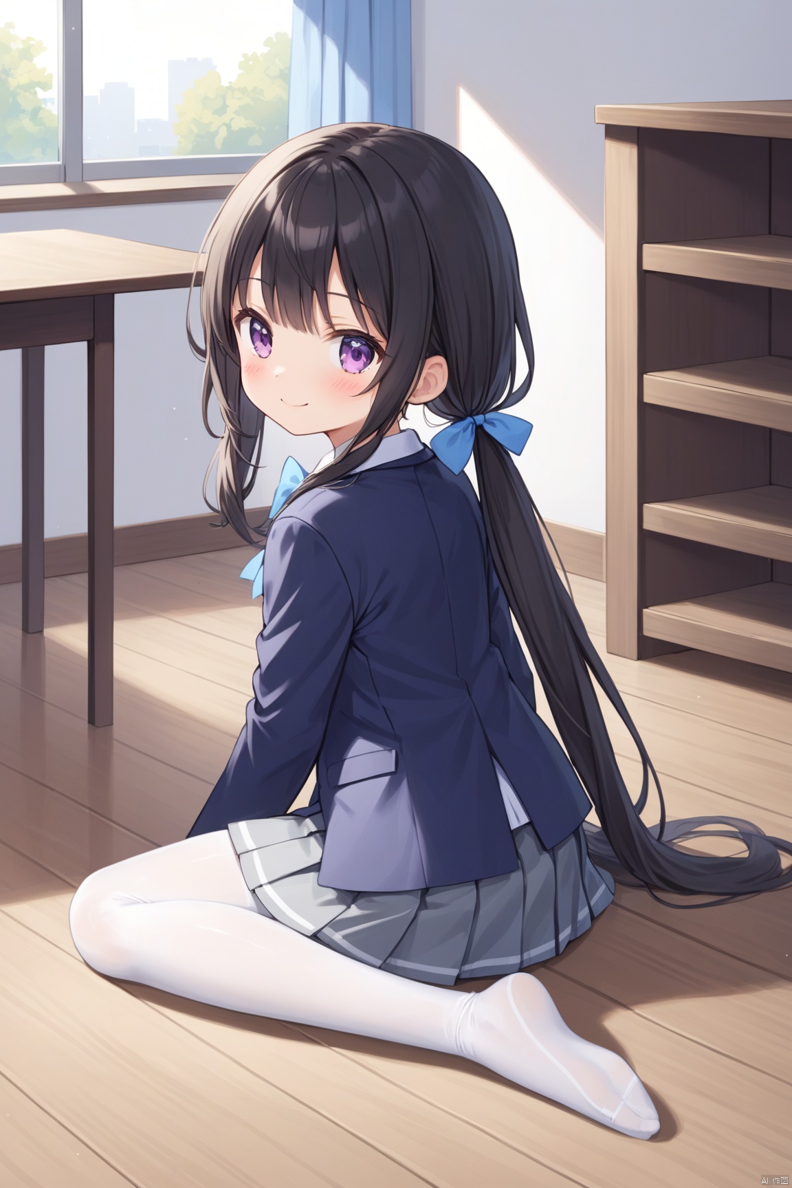  1girl, solo, long hair, looking at viewer, blush, smile, bangs, skirt, shirt, black hair, long sleeves, bow, twintails, sitting, very long hair, closed mouth, school uniform, purple eyes, jacket, full body, pantyhose, pleated skirt, indoors, bowtie, low twintails, blue bow, no shoes, table, blazer, grey skirt, white pantyhose, wooden floor, blue bowtie,shoulder,loli,looking back, from behind,