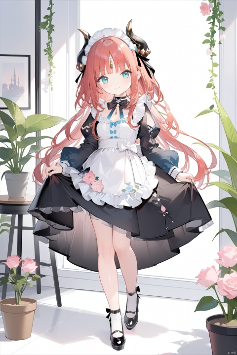 masterpiece,best quality,high quality, 1girl, solo, long hair, breasts, looking at viewer, smile, bangs, blue eyes, long sleeves, dress, bow, ribbon, medium breasts, very long hair, closed mouth, standing, full body, flower, red hair, frills, horns, alternate costume, choker, socks, puffy sleeves, black footwear, apron, black dress, high heels, aqua eyes, maid, maid headdress, black ribbon, black bow, rose, leg up, standing on one leg, frilled dress, plant, white socks, juliet sleeves, waist apron, white apron, pink flower, maid apron, puffy long sleeves, enmaided, skirt hold, potted plant, nilou \(genshin impact\),loli