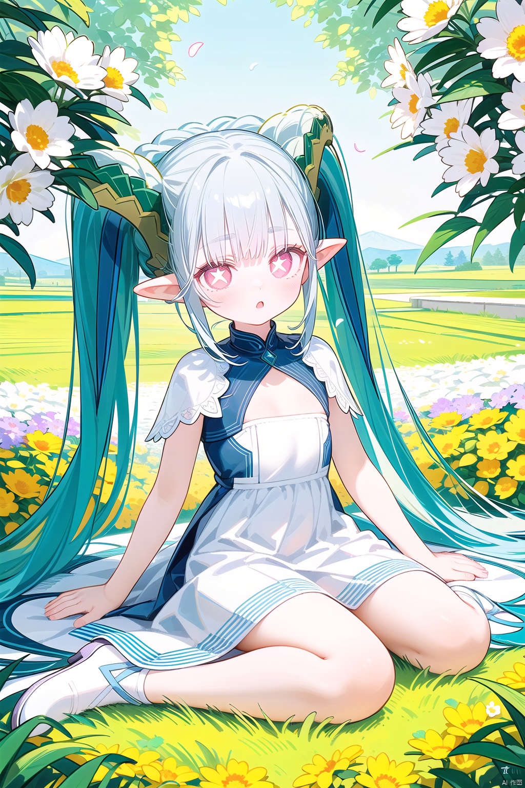  ((best quality)),((masterpiece)),((ultra-detailed)),(illustration),(detailed light),(an extremely delicate and beautiful),
twintails, 1girl, pointy ears, round face,(petite child:1.2),tiamat_(fate),curled_horns,symbol-shaped_pupils,small_breasts,solo,looking_at_viewer,braid,+_+,
Wallpaper,1girl,(girl middle of flower:1.4),clear sky,outside,sitting on the ground,(pure white dress, pure white silk cloth:1.5),(ground of flowers, thousand of flowers, colorful flowers, flowers around her, various flowers:1.51),young,stunning,attractive,
