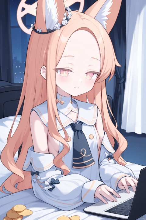 seia (blue archive),1girl,solo,face close-up,alternate costume,animal ear fluff,naked poncho,loose,naked capelet,sideboob,bed,light smile,bare shoulder,hair ribbon,shirt,halo,laptop,gamepad,phone,chips,food,curtains,window,bow,Black Theme,night, best quality, amazing quality, very aesthetic, absurdres,seiaBA