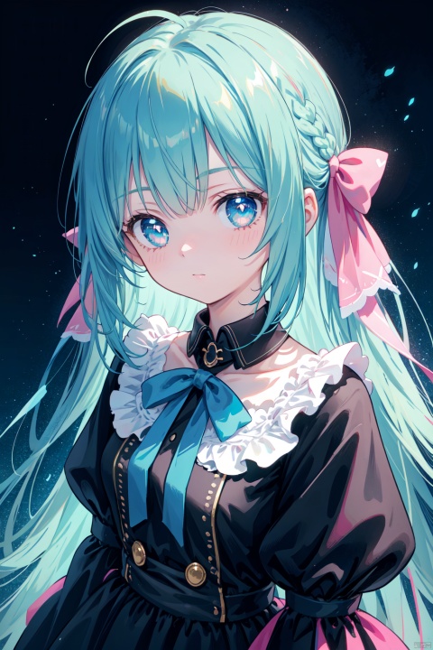  1girl, solo, long hair, breasts, looking at viewer, bangs, blue eyes, black hair, dress, bow, ribbon, holding, very long hair, closed mouth, green eyes, blue hair, upper body, pink hair, hair bow, multicolored hair, puffy sleeves,blunt bangs, black dress, two-tone hair, neck ribbon, night, glowing, blue bow, blue ribbon, bright pupils, colored inner hair,
