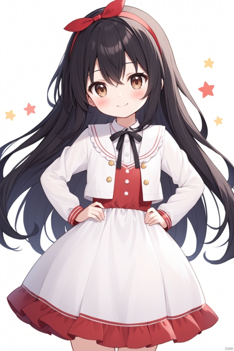 1girl, solo, long hair, looking at viewer, blush, smile, bangs, black hair, long sleeves, white background, dress, ribbon, hair between eyes, brown eyes, closed mouth, standing, jacket, hairband, open clothes, star \(symbol\), white dress, open jacket, black ribbon, neck ribbon, hands on hips, red hairband,loli