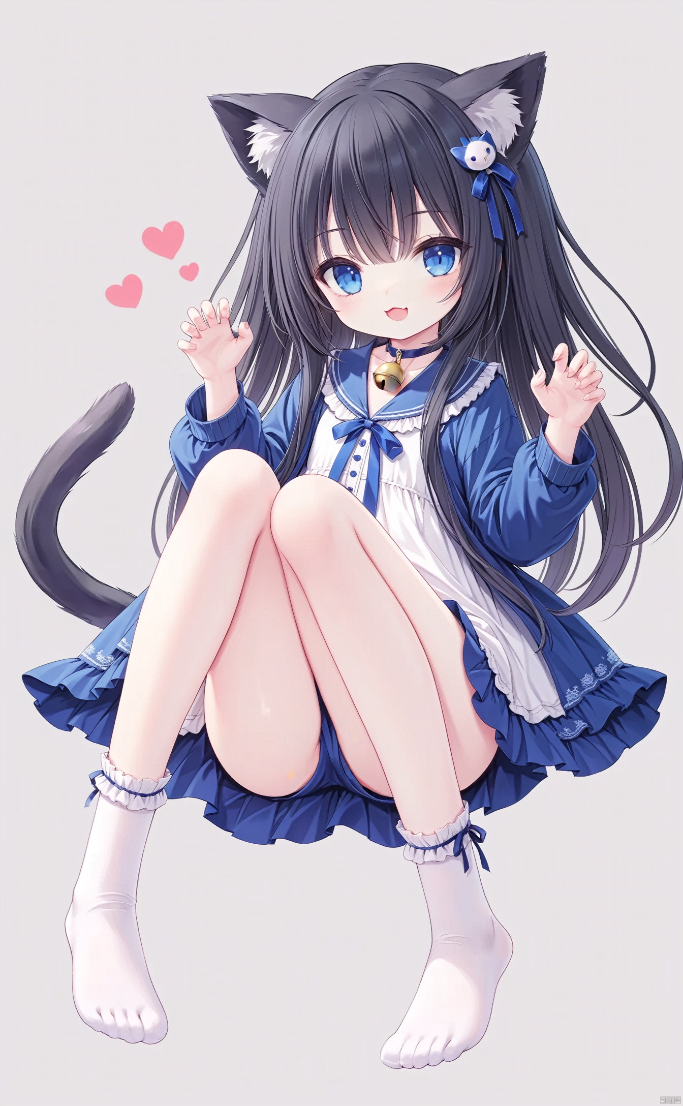  (masterpiece),(best quality),illustration,ultra detailed,hdr,Depth of field,(colorful),[iumu],[Sheya],[Artist chen bin],1girl, solo, looking at viewer, smile, open mouth, bangs, blue eyes, black hair, thighhighs, long sleeves, white background, animal ears, tail, full body, :d, heart, shorts, socks, virtual youtuber, cat ears, feet, cat tail, bell, toes, :3, no shoes, soles, cat girl, neck bell, tail ornament, foot focus, claw pose, paw print,loli