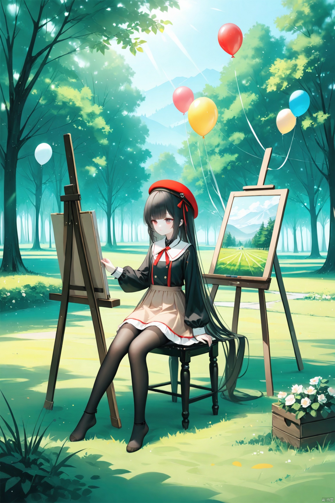 1girl, solo, long hair, bangs, skirt, black hair, long sleeves, hat, dress, sitting, very long hair, pantyhose, outdoors, no shoes, day, tree, black pantyhose, beret, sunlight, grass, nature, scenery, red headwear, forest, brown skirt, balloon,easel,[iumu],[Sheya],[Artist chen bin], masterpiece,best quality,high quality, loli