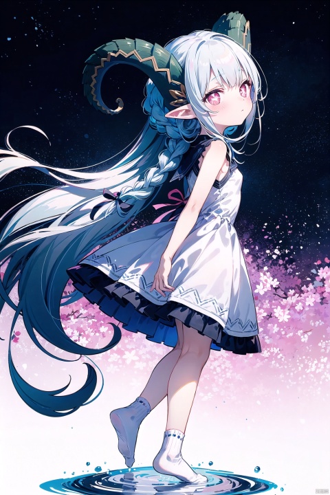  1girl, solo, long hair, breasts, looking at viewer, blush, bangs, skirt, shirt, red eyes, dress, ribbon, bare shoulders, very long hair, closed mouth, standing, full body, white shirt, white hair, socks, pink eyes, white dress, from side, arms behind back, noshoes, white socks, ribbon trim,curled_horns,symbol-shaped_pupils,small_breasts,solo,looking_at_viewer,Pink eyes,braid,+_+,pointy ears, round face,(petite child:1.2),tiamat_(fate), loli, nai3