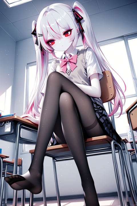 [iumu],[Sheya],[Artist chen bin],1girl, solo, blush, bangs, skirt, shirt, red eyes, bow, hair between eyes, twintails, sitting, closed mouth, school uniform, white shirt, pink hair, white hair, short sleeves, pantyhose, multicolored hair, pleated skirt,no shoes, solo focus, indoors, bowtie, black skirt, vest, plaid, black pantyhose, chair, looking away, from below, crossed legs, pink bow, loafers, desk, sweater vest, classroom, school desk, pink bowtie, school chair