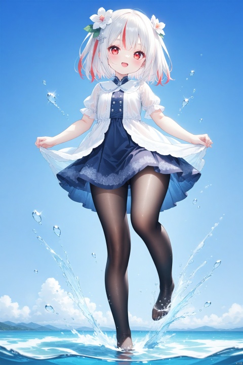  best quality,masterpiece,source_anime,best quality,masterpiece,(ultra-detailed:1.1),(high detailed skin),(full body),
1girl, solo, looking at viewer, blush, smile, short hair, open mouth, standing, short sleeves, outdoors, sky,no shoes, day, cloud, water,blue sky, wet, see-through, wet clothes, wading,splashing,standing on one leg,
hair ornament, pantyhose, red eyes, flower,multicolored hair,(beautiful_face),((intricate detail)),clear face,((finely detailed)),fine fabric emphasis,((glossy)),full_shot,loli,round face,from low,foot focus,foot, (under foot),