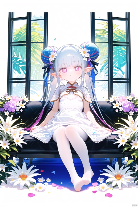 ((best quality)),((masterpiece)),((ultra-detailed)),(illustration),(detailed light),(an extremely delicate and beautiful),
1girl, solo, long hair, looking at viewer, blush,  dress, bow, sitting, very long hair, full body,  hair bow, pantyhose, hair bun, white dress, feet, window, double bun, no shoes, chinese clothes, couch, white pantyhose,White hair,pointy ears, round face,(petite child:1.2),tiamat_(fate),curled_horns,symbol-shaped_pupils,small_breasts,solo,looking_at_viewer,Pink eyes,braid,+_+,nai3,
(pure white dress, pure white silk cloth:1.5),(ground of flowers, thousand of flowers, colorful flowers, flowers around her, various flowers:1.51),young,stunning,attractive, 
