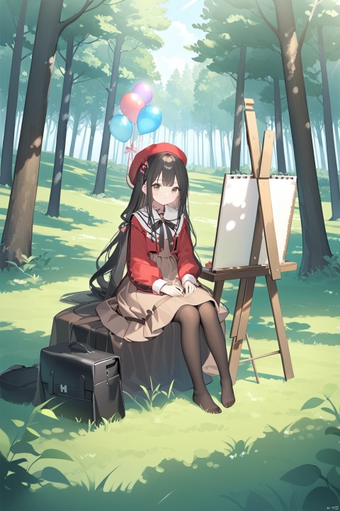 1girl, solo, long hair, bangs, skirt, black hair, long sleeves, hat, dress, sitting, very long hair, pantyhose, outdoors, no shoes, day, tree, black pantyhose, beret, sunlight, grass, nature, scenery, red headwear, forest, brown skirt, balloon,easel,