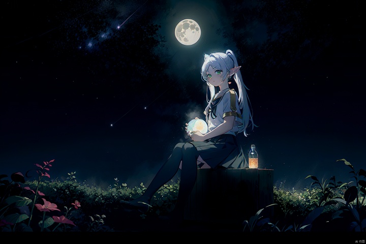  1girl, solo, long hair, looking at viewer, bangs, skirt, shirt, sitting, closed mouth, school uniform, white shirt, short sleeves, pleated skirt, outdoors, sky,no shoes, serafuku, indoors, black skirt, sailor collar, night, fruit, moon, cat, bottle, plant, letterboxed, star \(sky\), night sky, scenery, full moon, starry sky, lantern, potted plant, hugging own legs, vines, crescent moon, light bulb,
fll, twintails, pointy ears, round face,white hair, green eyes, elf, pantyhose, long hair, black pantyhose, long sleeves, dress, Frieren at the Funeral
