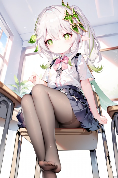 [iumu],[Sheya],[Artist chen bin], masterpiece,best quality,high quality,loli, 1girl, solo, blush, bangs, skirt, shirt,bow, hair between eyes, twintails, sitting, closed mouth, school uniform, white shirt, white hair, short sleeves, pantyhose, multicolored hair, pleated skirt,no shoes, solo focus, indoors, bowtie, black skirt, vest, plaid, black pantyhose, chair, looking away, from below, crossed legs, pink bow, desk, sweater vest, classroom, school desk, pink bowtie, school chair,nahida \(genshin impact\),