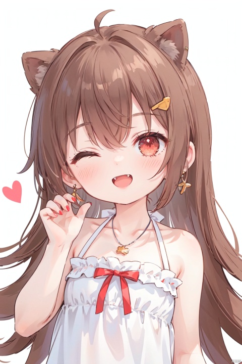 masterpiece,best quality,high quality,loli,1girl, solo, long hair, looking at viewer, smile, open mouth, bangs, brown hair, black hair, hair ornament, red eyes, bare shoulders, jewelry, collarbone, earrings, one eye closed, teeth, hairclip, hand up, necklace, nail polish, v, fangs, ;d, portrait, red nails, 