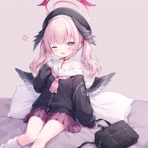 1girl, solo, long hair, looking at viewer, blush, bangs,  simple background, open mouth,   lying, one eye closed,   feet,   pillow,  halo, on stomach, arms folded over the pillow,white socks,loose_socks,
long sleeves, hat,  twintails, school uniform, collarbone, pink hair, wings, pink eyes, sailor collar, off shoulder, bag, neckerchief, sleeves past wrists, black headwear, beret, halo, head wings, anger vein, black wings, white sailor collar, @ @, pink neckerchief, winged hat, koharu \(bluearchive\),下江小春, loli