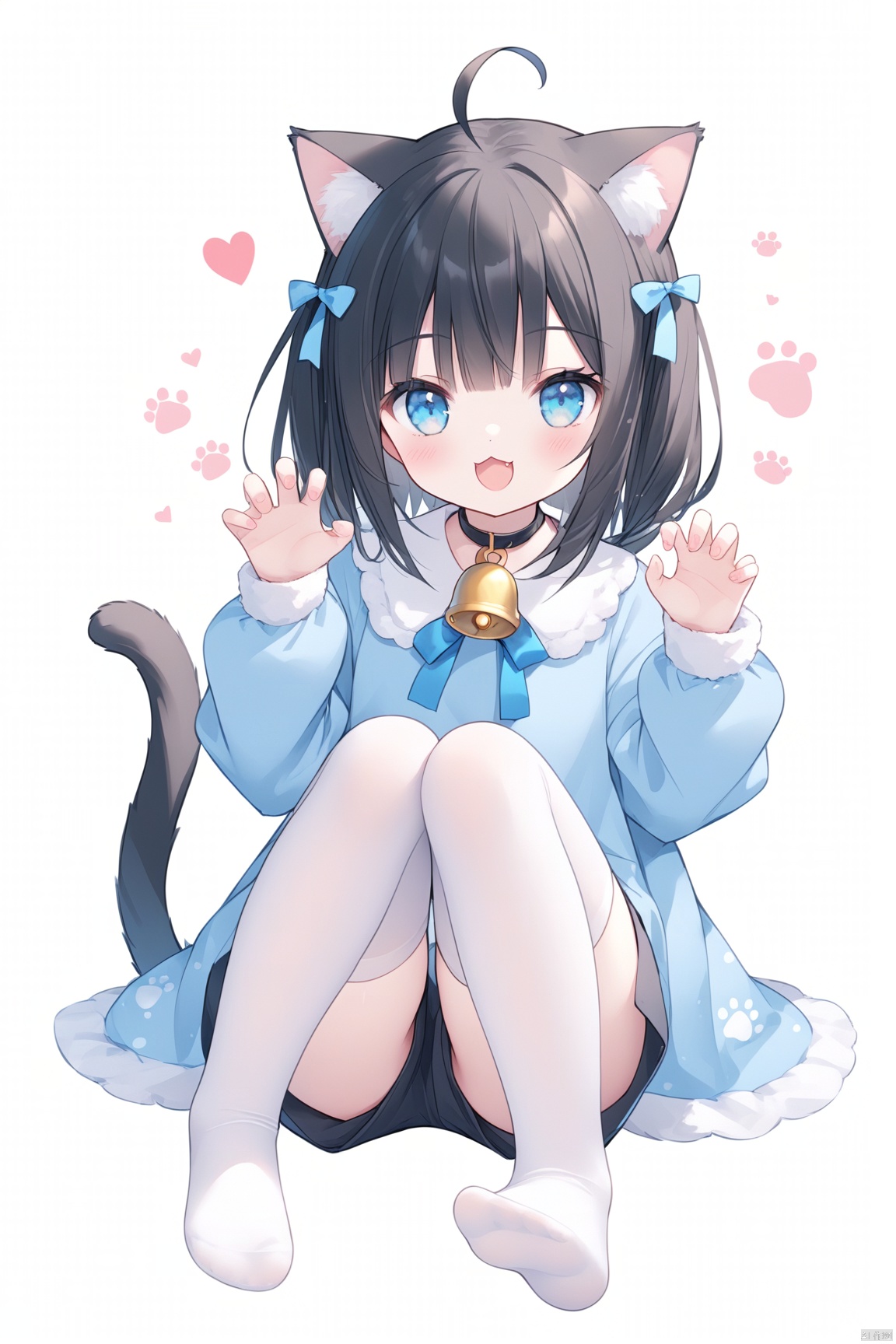  1girl, solo, looking at viewer, smile, open mouth, bangs, blue eyes, black hair, thighhighs, long sleeves, white background, animal ears, tail, full body, :d, heart, shorts, socks, virtual youtuber, cat ears, feet, cat tail, bell, toes, :3, no shoes, soles, cat girl, neck bell, tail ornament, foot focus, claw pose, paw print,loli