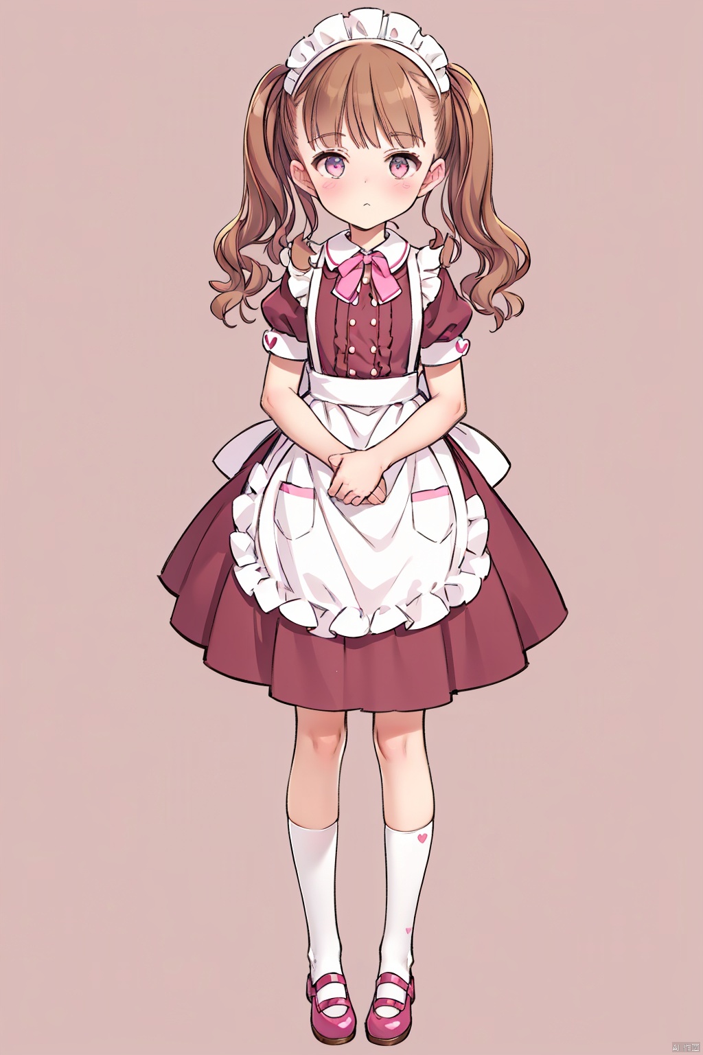  1girl, solo, long hair, looking at viewer, blush, bangs, blue eyes, blonde hair, simple background, dress, bow, holding, animal ears, twintails, closed mouth, standing, full body, short sleeves, hair bow, heart, frills, shoes, socks, puffy sleeves, rabbit ears, apron, puffy short sleeves, maid, maid headdress, low twintails, blush stickers, stuffed toy, pink background, frilled dress, stuffed animal, white socks, pink bow, pink dress, white apron, mary janes, maid apron, frilled apron, object hug, pink footwear, stuffed bunny, bobby socks, holding stuffed toy, frilled socks, 