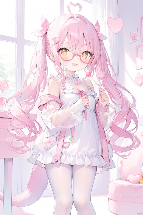  see-through,long hair, breasts, looking at viewer, blush, smile, open mouth, bangs, hair ornament, long sleeves, dress, holding, 1girl, hair between eyes, bare shoulders, twintails, very long hair, jacket, yellow eyes, pink hair, ahoge, :d, heart, detached sleeves, glasses, hairclip, looking back, indoors, hood, white dress, sleeves past wrists, symbol-shaped pupils, heart-shaped pupils, candy, lollipop, heart ahoge, pink-framed eyewear,standing, tail, heart, white pantyhose, thighs, no shoes,full body