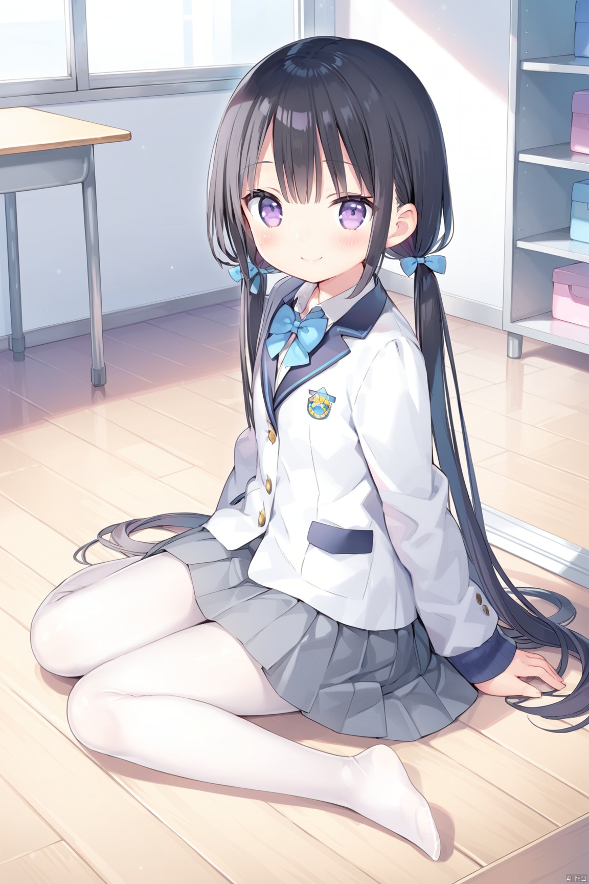  1girl, solo, long hair, looking at viewer, blush, smile, bangs, skirt, shirt, black hair, long sleeves, bow, twintails, sitting, very long hair, closed mouth, school uniform, purple eyes, jacket, full body, pantyhose, pleated skirt, indoors, bowtie, low twintails, blue bow, no shoes, table, blazer, grey skirt, white pantyhose, wooden floor, blue bowtie,shoulder,loli,looking back, from behind,Kantoku