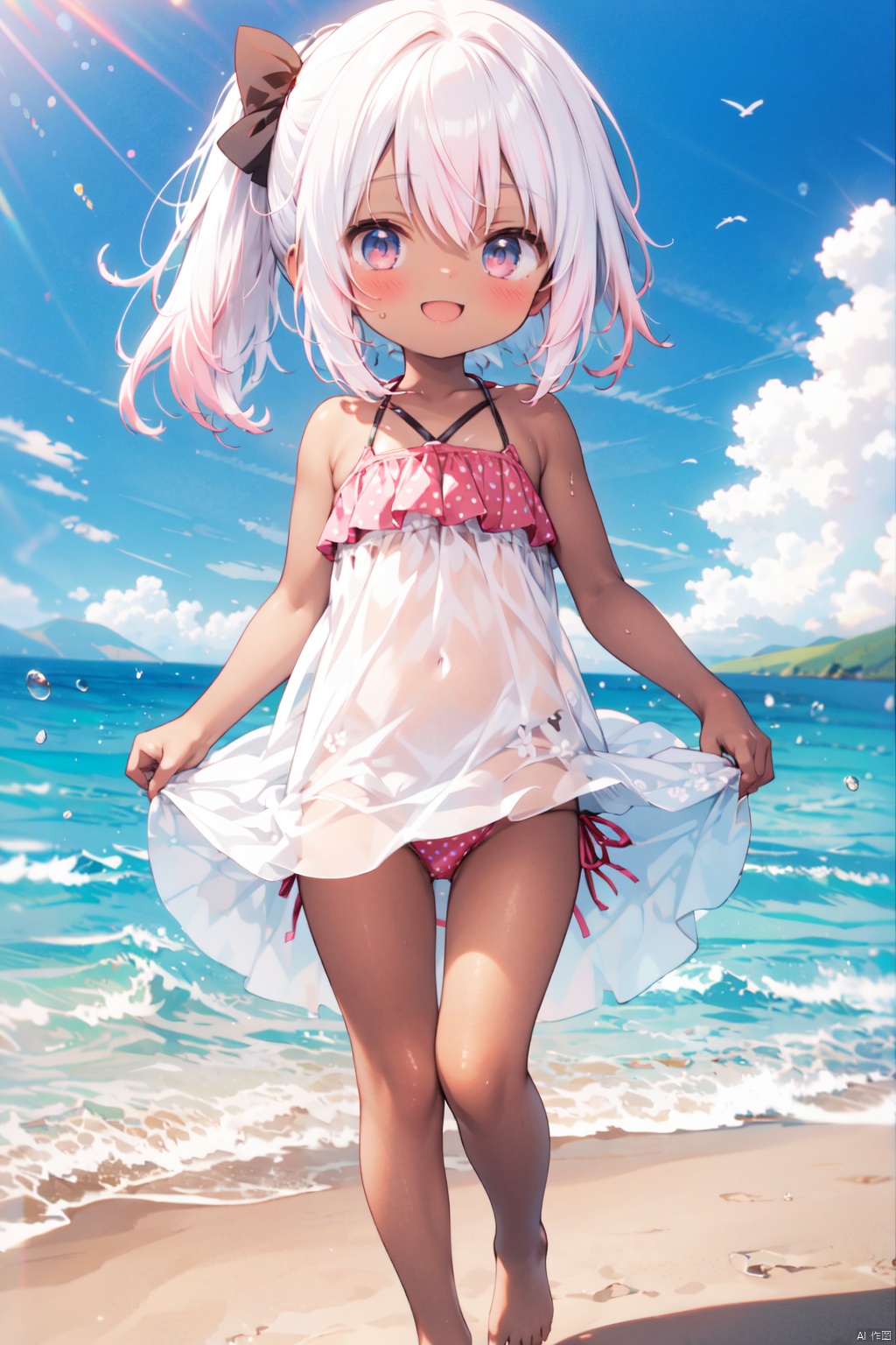  1girl, white hair, masterpiece, swimsuit, bikini, side-tie_bikini_bottom, pink_hair, beach, day, breasts, outdoors, dark_skin, ocean, long_hair, small_breasts, blush, dark skinned female, polka dot, cloud, standing, water, polka dot bikini, red_bikini, sky, smile, laugh, happy, Laugh heartily, ;d, loli, ponytail, bow, clothes_lift, rock, barefoot, hair_bow, shiny, shiny_skin, dark skin, SILVER HAIR, illyasviel von einzbern ubw, sundresss,,(petite child:1.2), see-through dress, see-through silhouette,