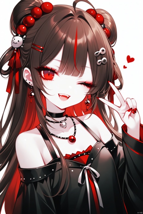  [iumu],[Sheya],[Artist chen bin], masterpiece,best quality,high quality,loli,1girl, solo, long hair, looking at viewer, smile, open mouth, bangs, brown hair, black hair, hair ornament, red eyes, bare shoulders, jewelry, collarbone, earrings, one eye closed, teeth, hairclip, hand up, necklace, nail polish, v, fangs, ;d, portrait, red nails