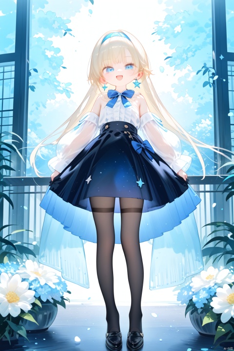 1girl, solo, long hair, looking at viewer, smile, open mouth, bangs, blue eyes, skirt, blonde hair, shirt, long sleeves, dress, bow, bare shoulders, jewelry, standing, full body, white shirt, flower, :d, pantyhose, hairband, earrings, frills, detached sleeves, shoes, puffy sleeves, bowtie, star \(symbol\), black footwear, blue skirt, see-through, black pantyhose, blue bow, white flower, puffy long sleeves, high-waist skirt, blue bowtie, blue hairband, see-through sleeves